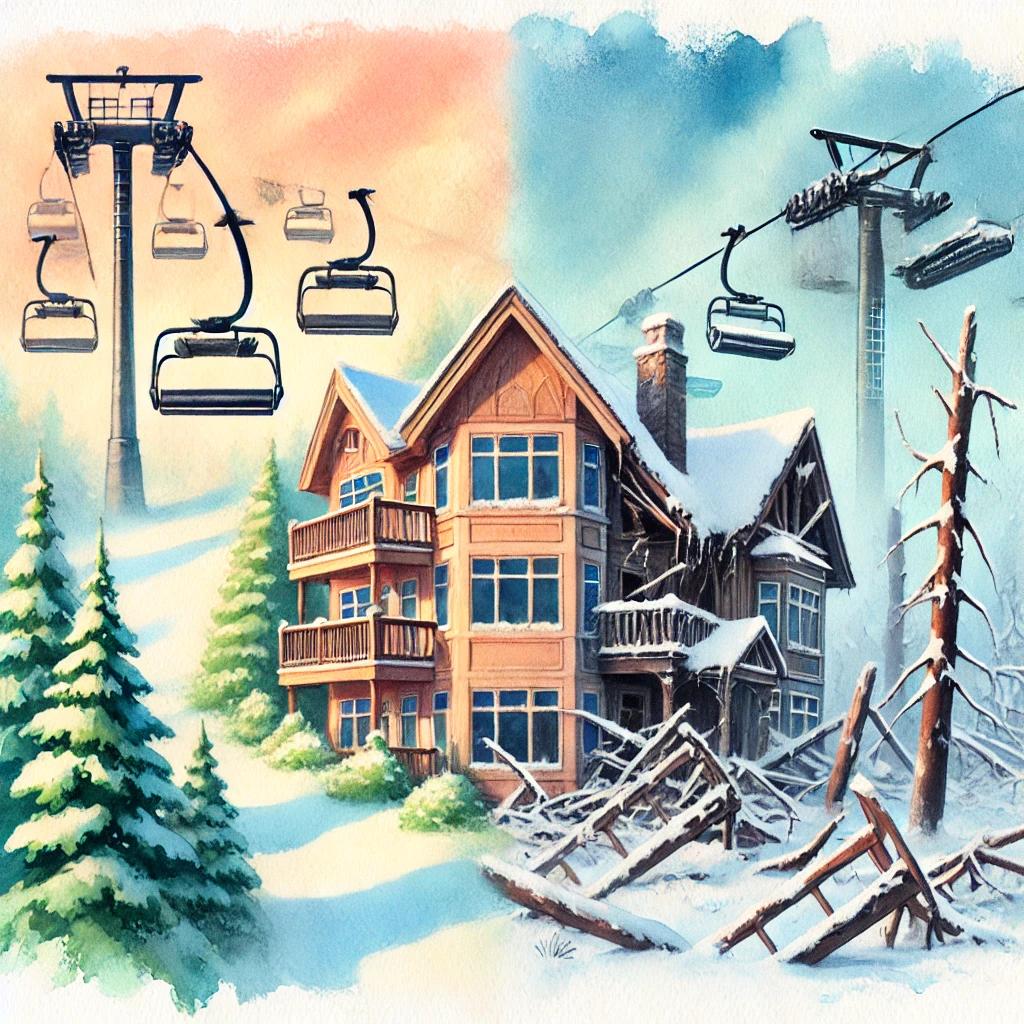 Watercolor painting showing a vibrant ski resort with new chairlifts and snow machines on one side, contrasted with a hurricane-damaged ski lodge surrounded by fallen trees and broken structures.