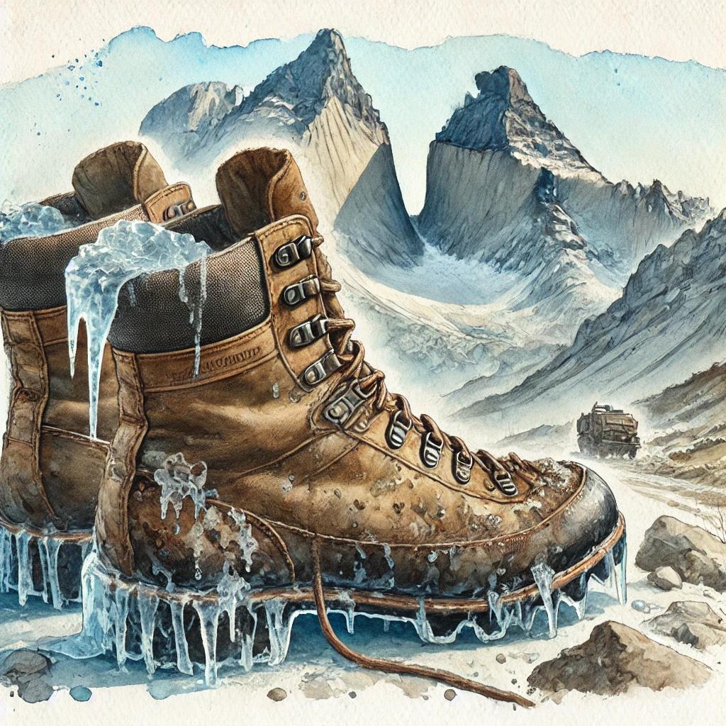 Watercolor painting of a vintage hiking boot covered in ice, set against a dramatic mountainous landscape.